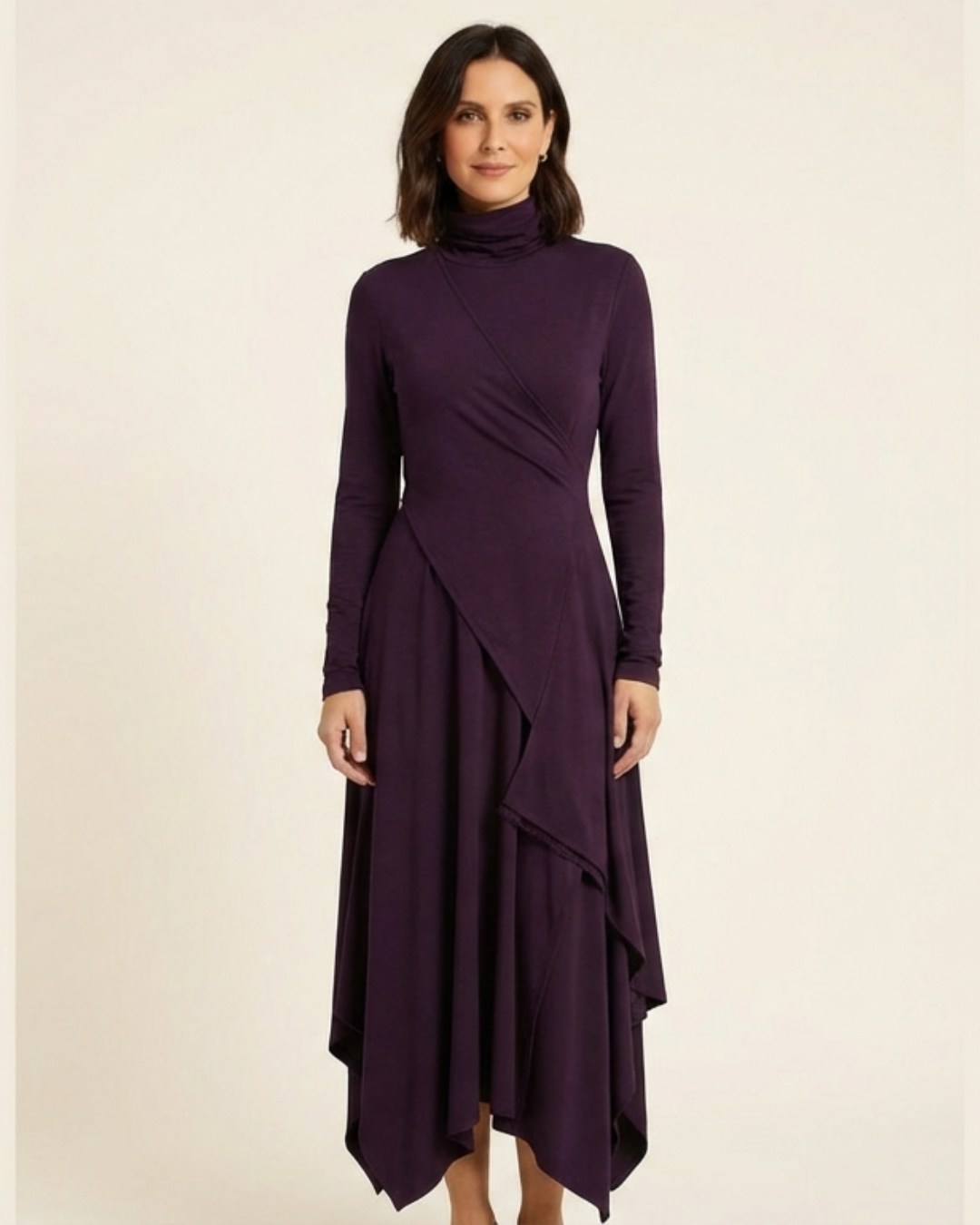 Elisa - Vestido maxi elegante con cuello alto y drapeado asimétrico