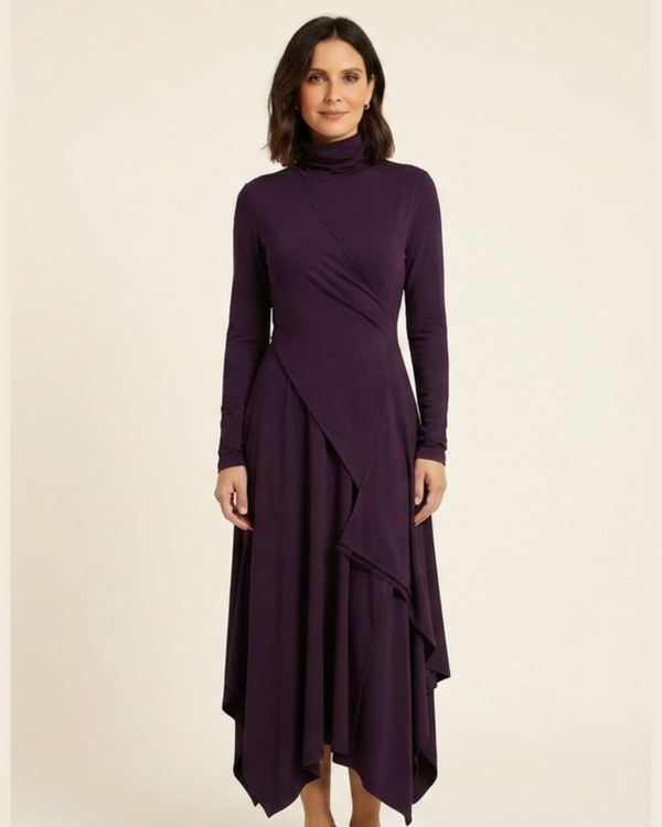 Elisa - Vestido maxi elegante con cuello alto y drapeado asimétrico