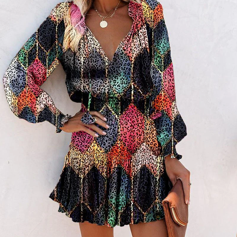 Nereda - Vestido mini con escote en V, manga larga y volantes