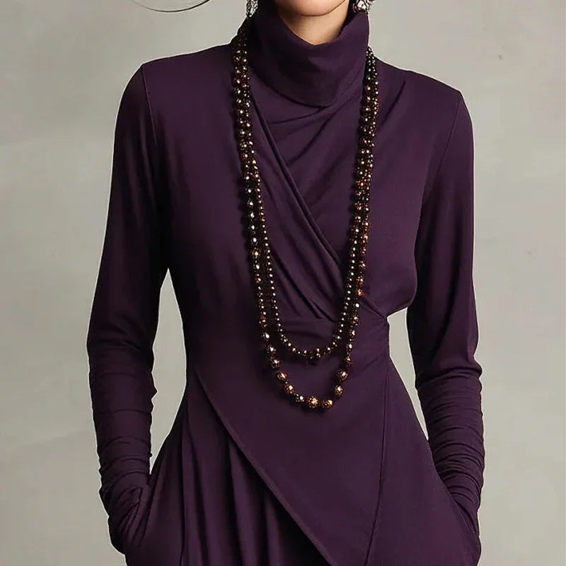 Elisa - Vestido maxi elegante con cuello alto y drapeado asimétrico