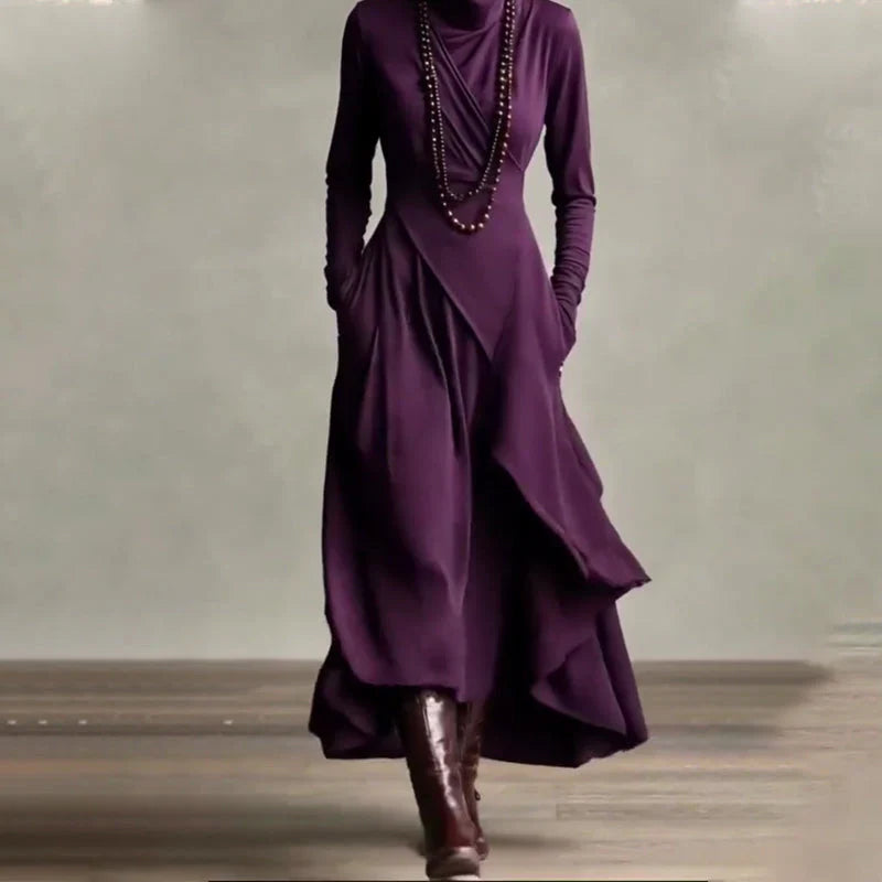 Elisa - Vestido maxi elegante con cuello alto y drapeado asimétrico